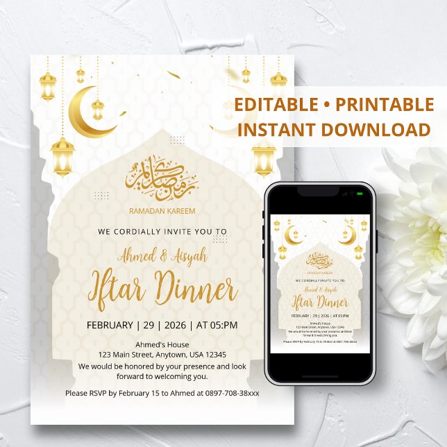 Convites Elegante Lanterna Dourada e Iftar da Lua Crescente (Criador carregado)