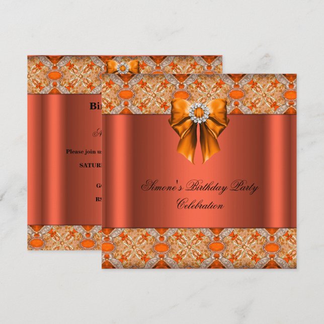 Convites Elegante Laranja com Arco de Joias Diamantes Festa (Frente/Verso)