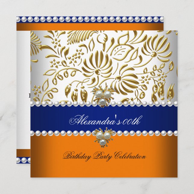Convites Elegante Laranja Marinho Azul Dourado Damask PearP (Frente/Verso)