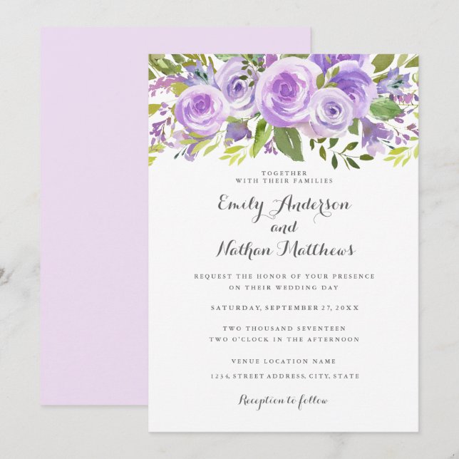 Convites Elegante Lavanda Roxa Floral Rosa Casamento (Frente/Verso)
