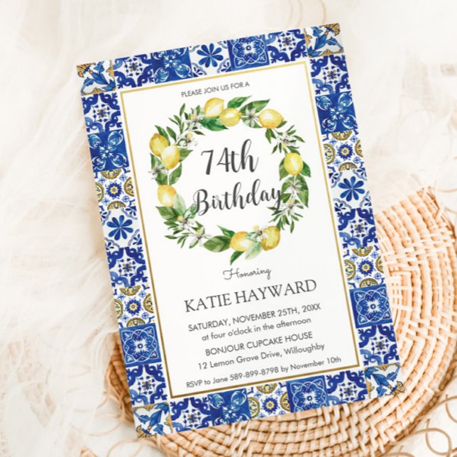 Convites Elegante Lemon Mediterrânica 74.º Aniversário de Q (Criador carregado)