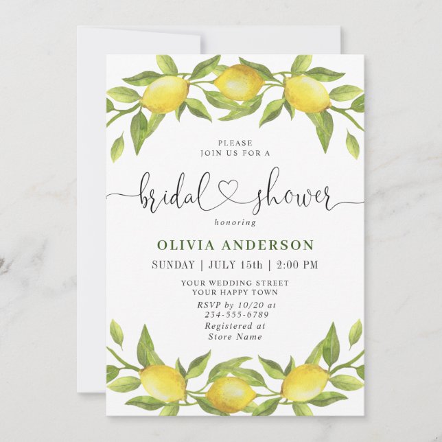 Convites Elegante Lemons Watercolor CHÁ DE PANELA verde (Frente)