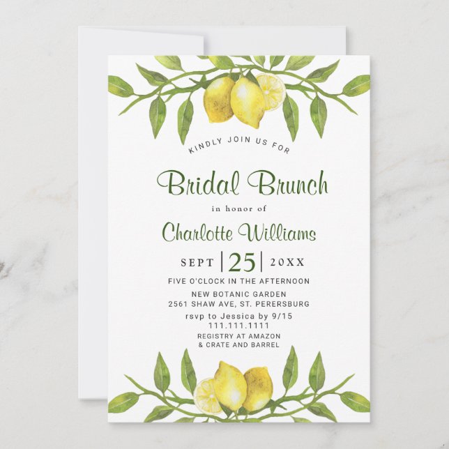 Convites Elegante Lemons Watercolor Greenery BRIDAL BRUNCH (Frente)