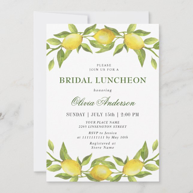 Convites Elegante Lemons Watercolor Greenery BRIDAL LUNCHEO (Frente)