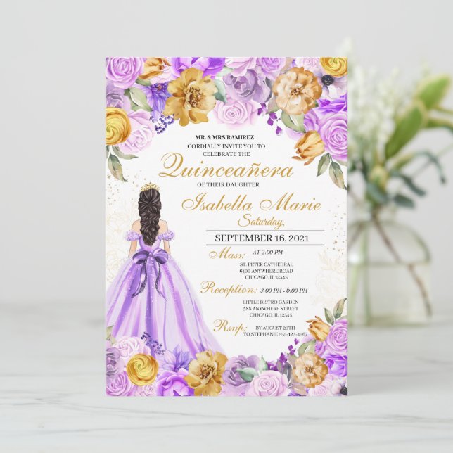 Convites Elegante Lilac e Dourada Quinceanera Floral Aniver (Em pé/Frente)