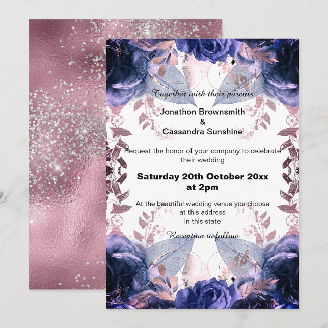 CONVITES ELEGANTE LILAC GLITTER FLORAL MARINHO WEDTING (Frente/Verso)