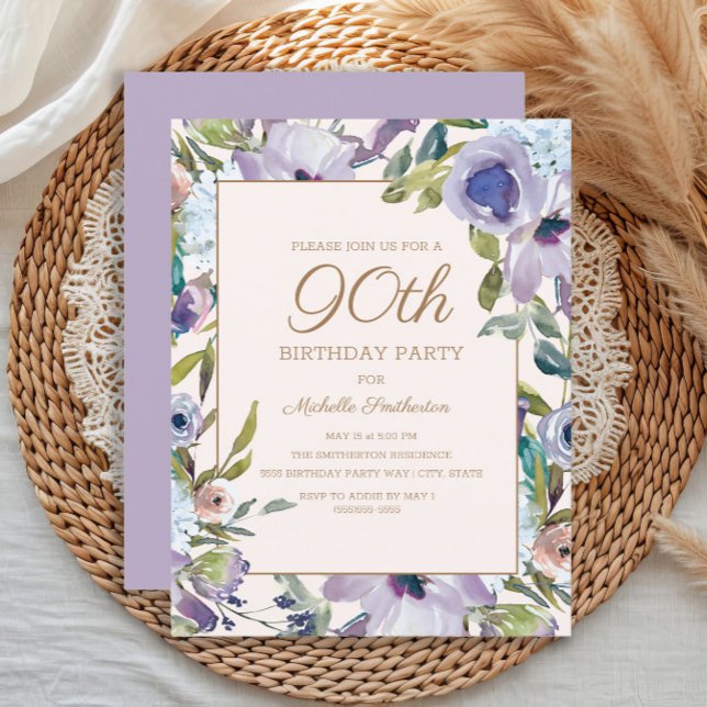 Convites Elegante Lilac Purple Floral 90 Aniversário (Purple watercolor floral 90th birthday party invitation)