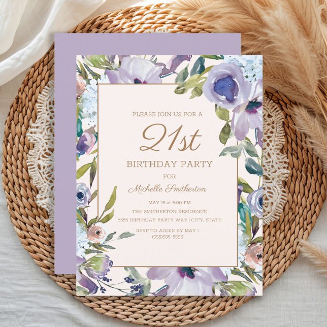 Convites Elegante Lilac Purple Floral aniversário de 21 ano (Elegant purple watercolor floral 21st birthday party invitation)