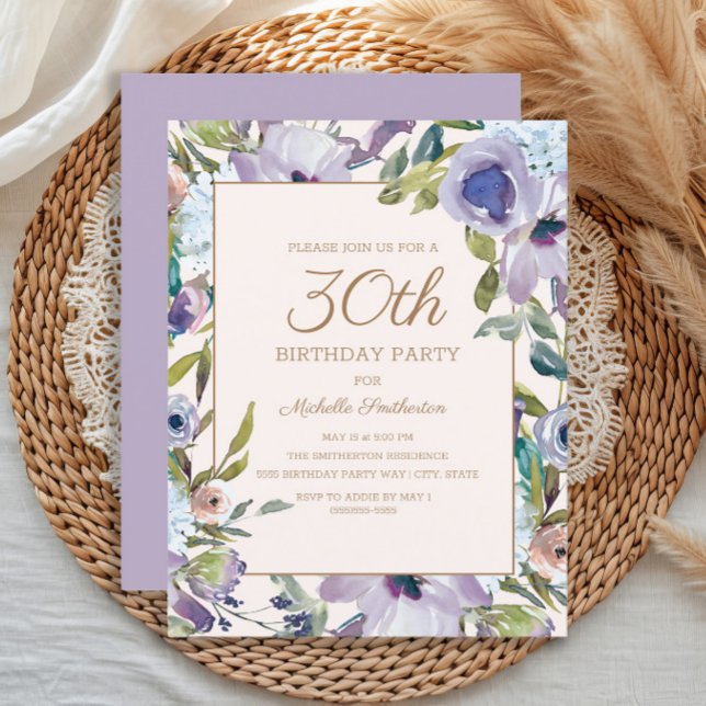 Convites Elegante Lilac Purple Floral aniversário de 30 ano (Elegant purple watercolor floral 30th birthday party invitation)