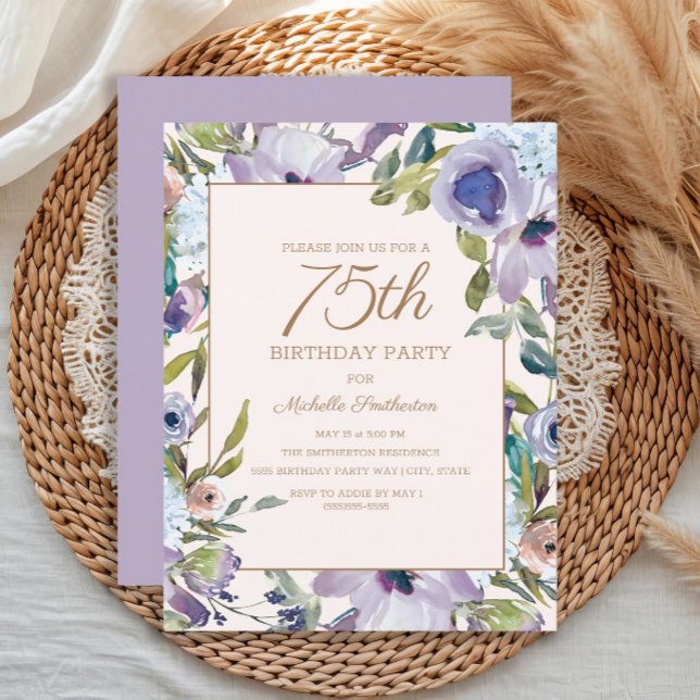 Convites Elegante Lilac Purple Floral Greenery 75º Aniversá (Purple watercolor floral 75th birthday party invitation)