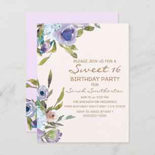 Convites Elegante Lilac Purple Floral Greenery Sweet 16