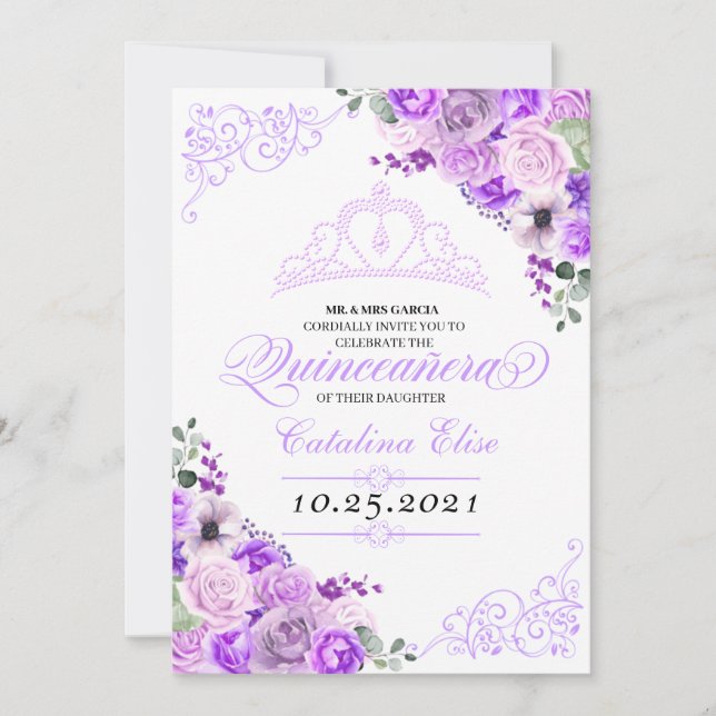 Convites Elegante Lilac Purple Floral Quinceanera Aniversár (Frente)