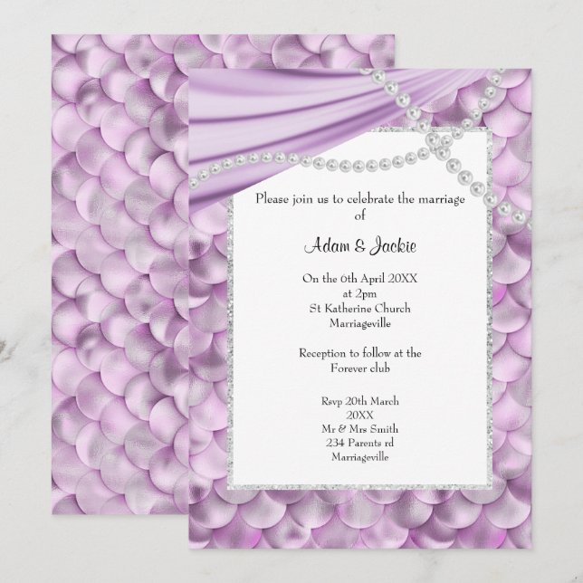 CONVITES ELEGANTE LILAC SATIN MERMAID CASAMENTO INSPIRADO (Frente/Verso)