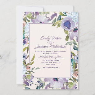 Convites Elegante Lilás Roxo Azul Floral Casamento
