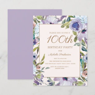 Convites Elegante Lilás Roxo Floral 100º Aniversário