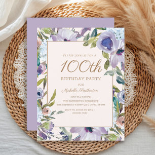 Convites Elegante Lilás Roxo Floral 100º Aniversário