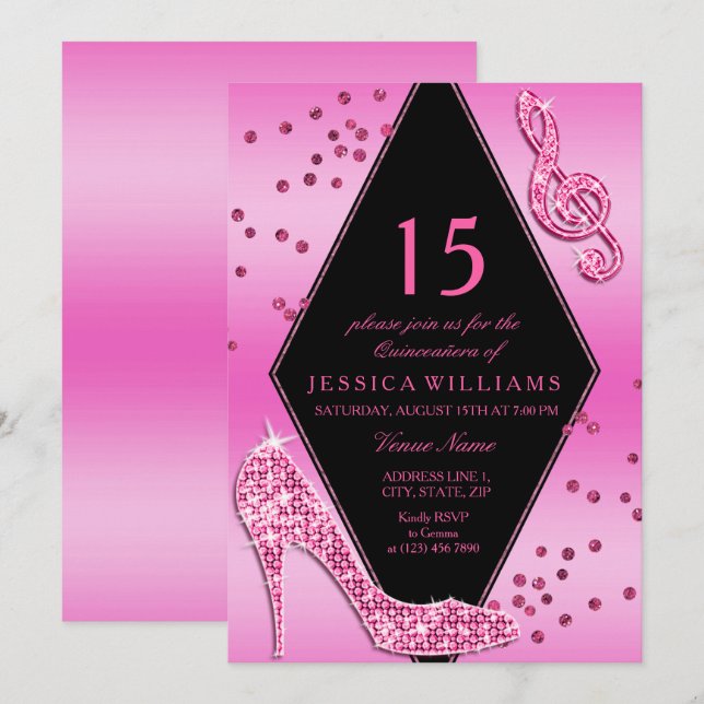 Convites Elegante Lindo Glitzy Rosa Quinceañera (Frente/Verso)