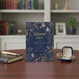 Convites Elegante Linha de Arte Floral Azul Naval Dourada A