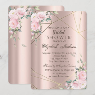 Convites Elegante Linhas Flores Rosa Chá de panela Dourado