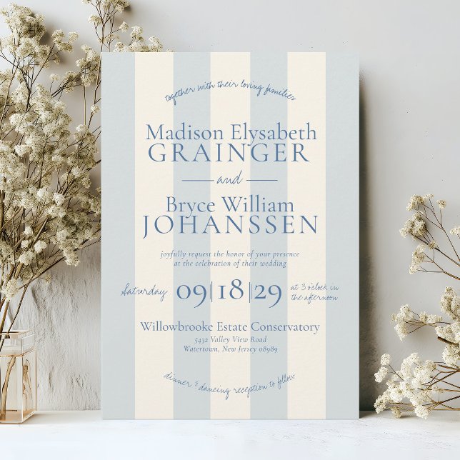 Convites Elegante Listras Azuis Clássico Simples Casamento (Elegant Dusty Blue and Ivory Beige Stripes Classic Simple Coastal Chic Modern Wedding Invitation)