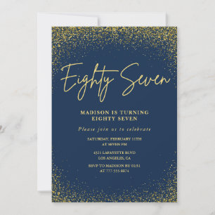 Convites Elegante Luxo Azul Dourado Brilho 87º aniversário