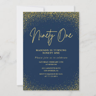 Convites Elegante Luxo Azul Dourado Brilho 91º aniversário