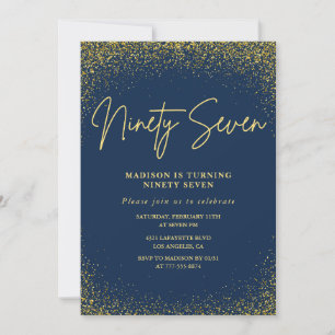Convites Elegante Luxo Azul Dourado Brilho 97º aniversário