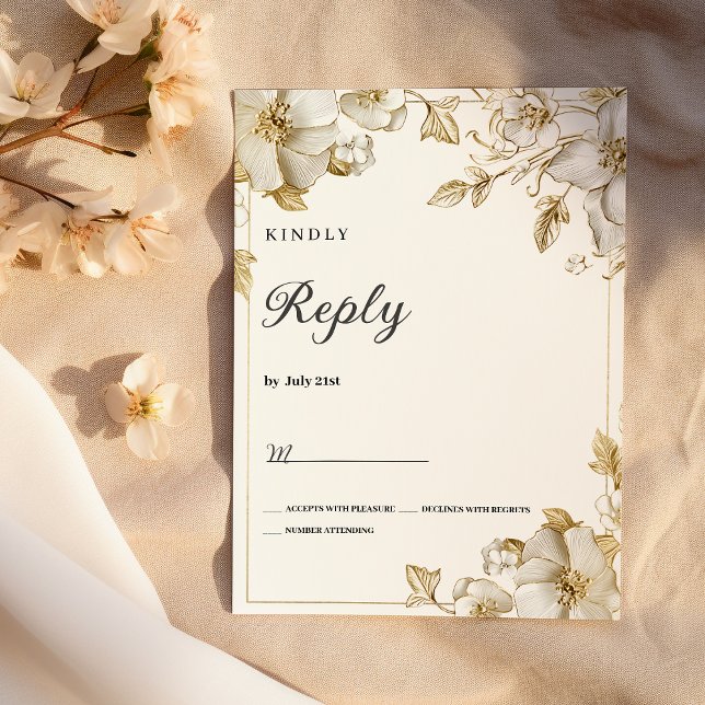 Convites Elegante luxo branco e floral RSVP dourado (Classy luxury white and gold floral RSVP)