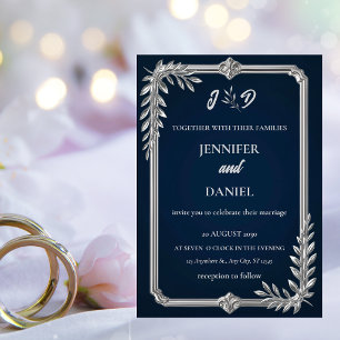 Convites Elegante Luxo Casamento Azul Marinho e Prata