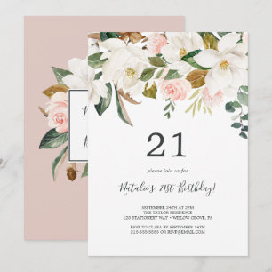 Convites Elegante Magnolia   aniversário de 21 anos branco 
