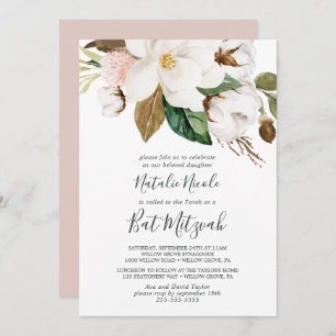 Convites Elegante Magnolia Branco e Blush Bat Mitzvah