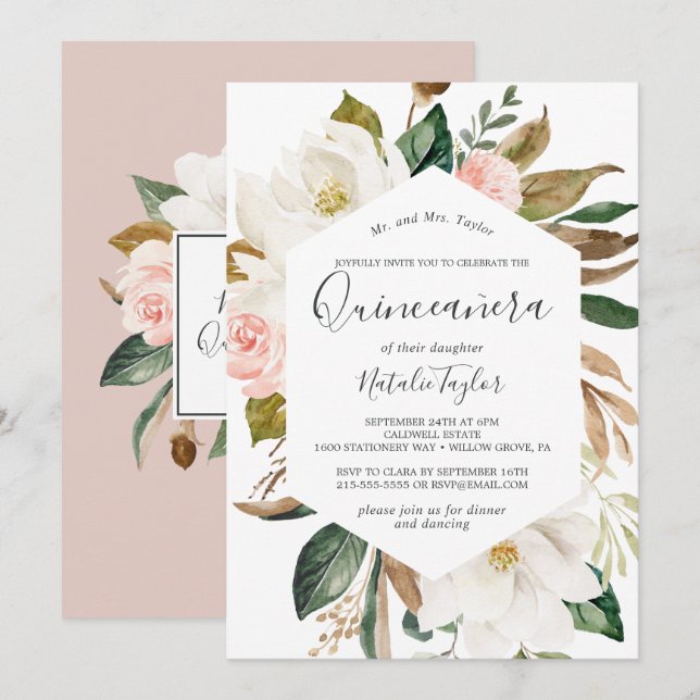Convites Elegante Magnolia | Quinceañera branca e esmagador (Frente/Verso)