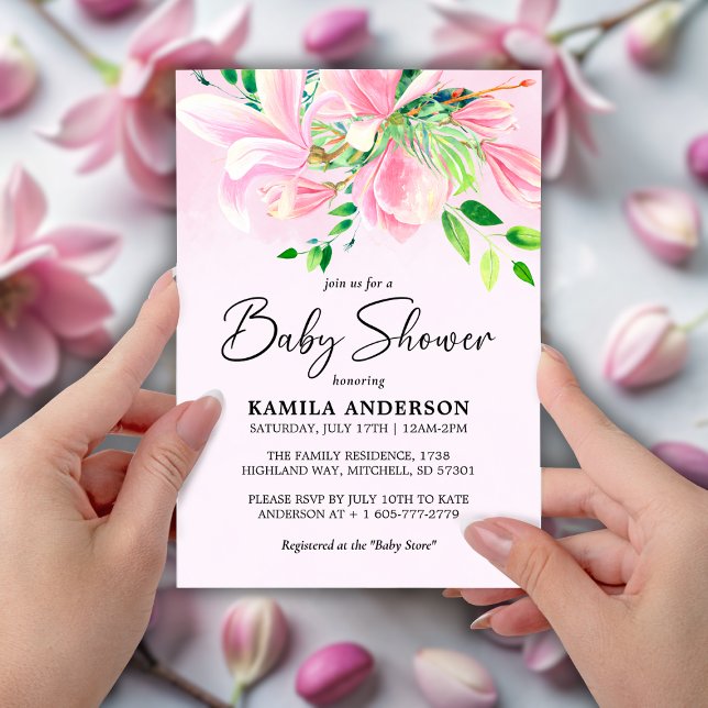 Convites Elegante Magnolia Rosa Chá de fraldas de Aquarela (Elegant Pink Magnolia Watercolor Baby Shower Invitation)