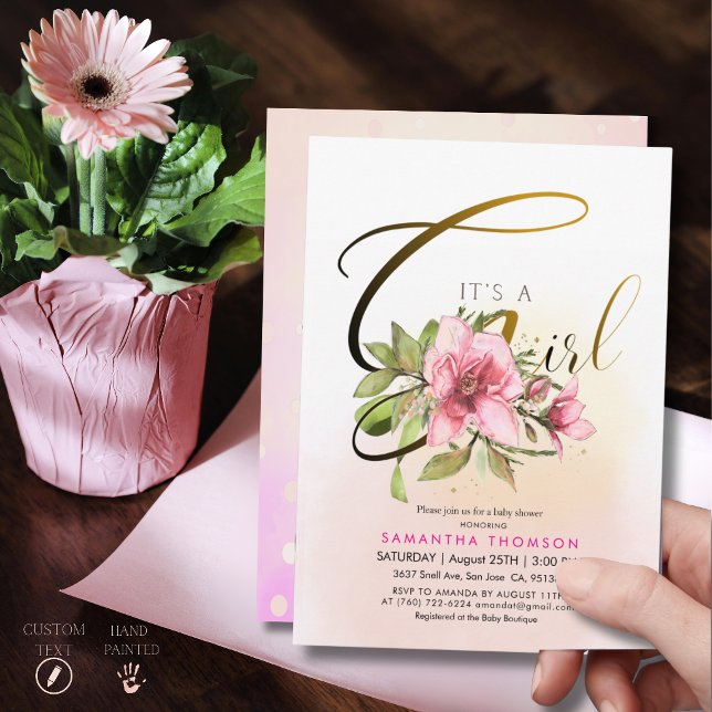 Convites Elegante Magnólia Rosa com Grafia Dourada É uma Me (Elegant Pink Magnolia Gold Script It's a Girl Baby Invitation)