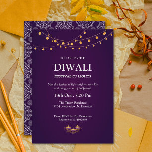 Convites Elegante Mandala Pattern Diyas Purple Diwali Party