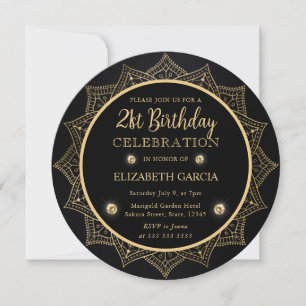 Convites Elegante Mandala Preto e Dourado Aniversário de 21