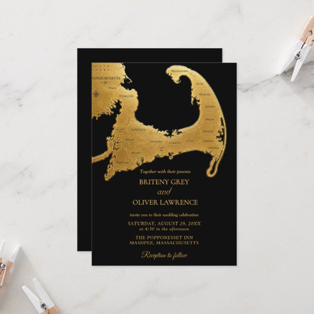 Convites Elegante mapa do Cape Cod em preto e dourado para  (Frente/Verso In Situ)