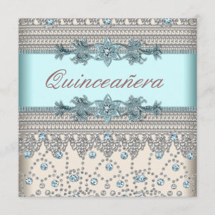 Convites Elegante Marfim e Azul Turquesa Quinceanera