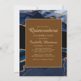 Convites Elegante Marinho Azul, Dourado Agato Marble Quince