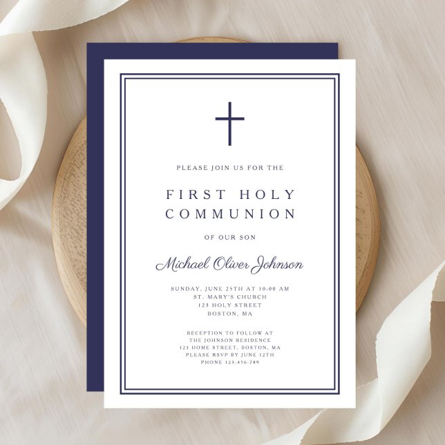 Convites Elegante Marinho Blue Cross Boy First Santa Comunh (Elegant Navy Blue Cross Boy First Holy Communion Invitation)