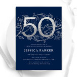 Convites Elegante Marinho Blue Silver 50º aniversário<br><div class="desc">Convite de aniversário azul Elegante prateado 50º marinho. Design feminina moderna personalizável,  com sotaques botânicos rosas e prata brilhante fraca. Simples cartão de convite floral perfeito para uma comemoração de um na moda. Personalize com seus próprios detalhes. Impressos convites Zazzle ou modelo de impressão digital instantânea para download.</div>