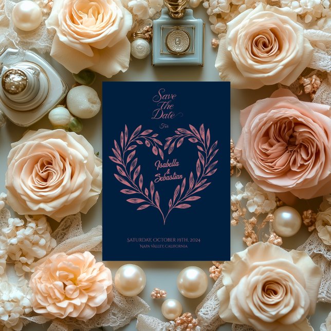 Convites Elegante Marinho e Dourado Rosa Coração Salve a Da (Criador carregado)