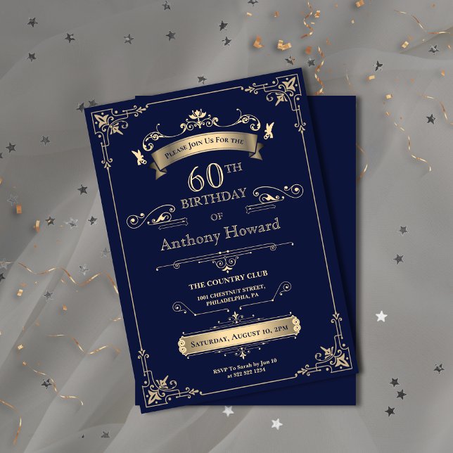 Convites Elegante Marinho Real Dourado Milestone Agendado A (Elegant Royal Navy Gold Milestone Age Birthday Invitation)