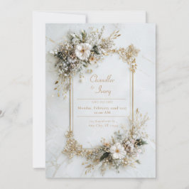 Convites Elegante Mármore Branco Dourado Geométrico Floral