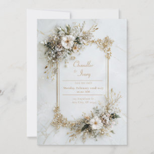 Convites Elegante Mármore Branco Dourado Geométrico Floral