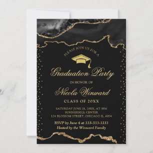 Convites Elegante Mármore Preto e Dourado Ágata Formatura