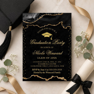 Convites Elegante Mármore Preto e Dourado Ágata Formatura