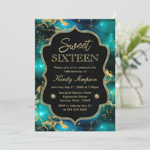 Convites Elegante Mármore Verde e Dourado Galáxia Sweet Six