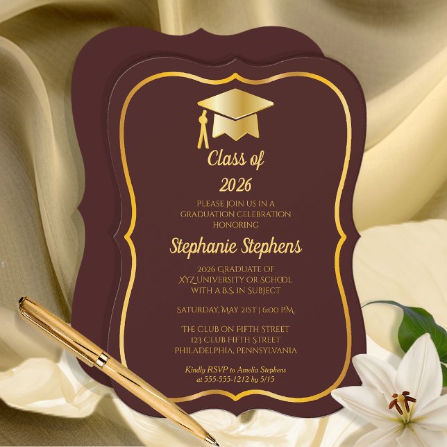 Convites Elegante Maroon | FESTA DE FORMATURA DOURADA (Elegant Maroon and Gold Tone Grad Cap Graduation Party Invitation - Print | Digital Download)