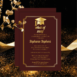 Convites Elegante Maroon | Parte Formandos do Boné Dourado